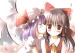  bare_shoulders bat_wings blue_hair blush bow brown_eyes brown_hair closed_eyes detached_sleeves hair_bow hakurei_reimu hat kiss mashayuki multiple_girls remilia_scarlet sketch touhou white_hat wings yuri 