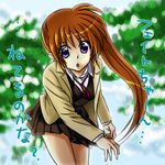  brown_hair hachi_(hachikai) long_hair lowres lyrical_nanoha mahou_shoujo_lyrical_nanoha_strikers miniskirt ponytail purple_eyes school_uniform side_ponytail skirt solo takamachi_nanoha translation_request 