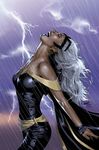  1girl cape comic dark_skin earrings eyes_closed jewelry lightning marvel nail_polish open_mouth ororo_munroe rain red_nails ryan_land smile solo storm storm_(x-men) white_hair x-men 