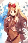  :o animal_ears belt blonde_hair blush bow breast_squeeze breasts cat_ears cat_tail collar contrapposto copyright_request hair_bow hanpen large_breasts looking_at_viewer paw_print red_eyes silhouette skin_tight solo standing tail zipper 