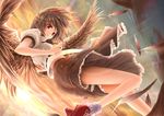  black_wings bobby_socks brown_hair cloud feathers floating_hair flying geta gizensha hat lens_flare looking_at_viewer red_eyes shameimaru_aya short_hair sky socks solo sunset tengu-geta tokin_hat touhou upskirt wings 