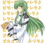  artist_request bangs blush bodysuit c.c. cheese_trail code_geass cowboy_shot eating eighth_note food green_hair holding_pizza long_hair lowres musical_note pizza slice_of_pizza solo white_bodysuit yellow_eyes 