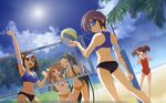  ^_^ armpits asahina_mikuru ass back ball beach beach_volleyball bikini closed_eyes cloud day highres ikeda_shouko kyon_no_imouto long_hair looking_back multiple_girls nagato_yuki navel ocean outdoors ponytail sky sports_bra sun sunglasses suzumiya_haruhi suzumiya_haruhi_no_yuuutsu swimsuit thigh_gap tsuruya very_long_hair visor_cap volleyball wallpaper 