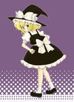  apron black_dress blonde_hair blush bow braid brown_eyes dress from_behind hat kirisame_marisa looking_at_viewer looking_back mary_janes puffy_short_sleeves puffy_sleeves shoes short_sleeves single_braid socks solo touhou waist_apron white_bow white_legwear witch_hat 