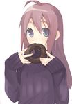  ahoge blue_eyes copyright_request doughnut eating food highres long_hair looking_at_viewer red_hair ribbed_sweater s_ko simple_background solo sweater upper_body white_background 