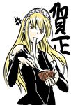  anger_vein blonde_hair bowl bridal_gauntlets chopsticks eating elbow_gloves food gloves hime_(kaibutsu_oujo) kaibutsu_oujo long_hair marumi mochi new_year red_eyes simple_background sketch solo tiara wagashi white_background 