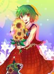  :d ascot flower green_hair kazami_yuuka kazu_(muchuukai) open_mouth plaid plaid_skirt plaid_vest red_eyes short_hair skirt skirt_set smile solo sunflower touhou vest 
