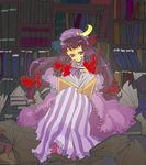  bad_id bad_pixiv_id bangs blunt_bangs book bookshelf crescent dress hat library long_hair long_sleeves looking_at_viewer mob_cap mokeo open_book pages patchouli_knowledge purple_dress purple_eyes purple_hair sitting solo touhou very_long_hair voile 