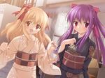  aki_no_urara_no_akane-iro_shoutengai blonde_hair blush game_cg hair_ribbon happy japanese_clothes kimono multiple_girls odajima_kosuzu odajima_mayu peko purple_eyes purple_hair ribbon twintails 