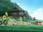  4boys bus car copyright_request field flower ground_vehicle house motor_vehicle multiple_boys nature scenery school_uniform seo_tatsuya sunflower tea_garden tea_plant tree 