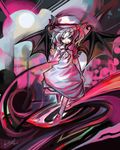  &gt;:) abstract_background bat_wings black_wings blush closed_mouth dress fang fang_out flying full_body hat kneehighs leg_up looking_at_viewer mizuta_kenji mob_cap pink_footwear puffy_short_sleeves puffy_sleeves purple_eyes remilia_scarlet shoes short_hair short_sleeves signature silver_dress silver_hair skirt_hold smile solo touhou tsurime v-shaped_eyebrows white_hat white_legwear wings 