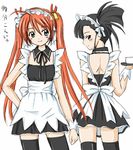  ahoge aoyama_reo apron bell black_eyes black_hair black_legwear blue_eyes blush frills green_eyes hand_on_hip heterochromia kagurazaka_asuna long_hair looking_back lowres mahou_sensei_negima! maid maid_headdress multiple_girls orange_hair sakurazaki_setsuna thighhighs translated tray twintails very_long_hair zettai_ryouiki 