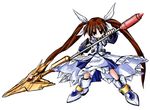  ankle_boots armor armored_boots black_gloves blue_eyes boots brown_eyes brown_hair contrapposto dress fingerless_gloves full_body gloves legs_apart long_skirt long_sleeves looking_at_viewer lyrical_nanoha magical_girl mahou_shoujo_lyrical_nanoha_strikers raising_heart simple_background skirt solo standing takamachi_nanoha twintails white_background white_dress yuuka_(o.t.kingdom) 