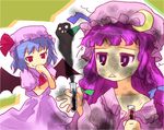  collarbone explosion expressionless failure frills giggling giving_up_the_ghost hat jitome lavender_hair long_hair mob_cap multiple_girls patchouli_knowledge pink_hat purple_eyes purple_hair red_eyes remilia_scarlet shige smoke test_tube touhou upper_body very_long_hair 