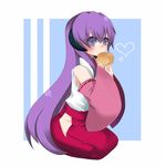  banned_artist eating food hakama hanyuu harano heart higurashi_no_naku_koro_ni horns japanese_clothes long_hair purple_hair red_hakama simple_background solo 