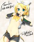  blonde_hair blue_eyes breasts hits kagamine_rin luna_lia navel no_panties open_fly shirt_lift signature small_breasts solo underboob unzipped vocaloid 