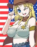  america american_flag blonde_hair blue_eyes breasts cleavage cowboy_hat flag_background fringe_trim hat kasanui large_breasts lowres oekaki one_eye_closed original solo western 