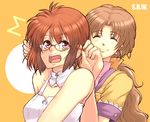  2girls ^_^ adjusting_another's_eyewear adjusting_eyewear barbell_piercing blush closed_eyes ear_piercing earrings glasses happy ibis_douglas jewelry kannagi_kaname long_hair multiple_girls piercing short_hair smile super_robot_wars tsugumi_takakura 