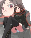  black_footwear black_legwear blush boots brown_hair looking_at_viewer panties pantyshot red_eyes scarf skirt solo striped striped_panties striped_scarf thighhighs underwear yarizakura_hime yomi_(indigoriver) yozakura_quartet zoom_layer 