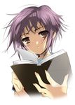  book messy_hair nagato_yuki purple_hair rindou_(awoshakushi) short_hair solo suzumiya_haruhi_no_yuuutsu yellow_eyes 