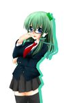  adjusting_eyewear bespectacled formal glasses kochiya_sanae necktie skirt skirt_suit solo suit thighhighs touhou yuuki_(ashitahare) zettai_ryouiki 