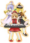  blonde_hair blue_hair brown_hair hat instrument keyboard_(instrument) kneehighs lunasa_prismriver lyrica_prismriver merlin_prismriver multiple_girls short_hair siblings sisters socks touhou trumpet violin yuzuki_(yuduame) 