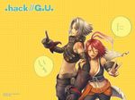  .hack//g.u. 1boy 1girl antenna_hair arm_grab arm_holding biwa_(illustrator) breasts bridal_gauntlets cleavage crop_top grey_hair haseo_(.hack//) medium_breasts midriff official_art one_eye_closed orange_eyes pointing red_eyes red_hair short_hair strap tattoo translated v yowkow_(.hack//) 