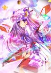  aquamarine bangs blunt_bangs blush book crescent dress floating floating_object frills hat long_sleeves looking_at_viewer magic mob_cap own_hands_together patchouli_knowledge purple_dress purple_eyes purple_hair solo striped touhou v_arms vertical_stripes 