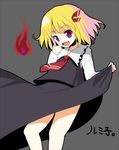  character_name fang finger_to_mouth hair_ribbon itou_life necktie purple_eyes red_neckwear ribbon rumia short_hair skirt skirt_lift solo touhou 
