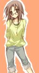 :o arms_behind_back beige_background blush brown-framed_eyewear collarbone contrapposto copyright_request denim glasses jeans jewelry looking_back necklace pants parted_lips pendant short_hair simple_background solo standing suzushiro_kurumi sweater 