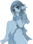  animal_ears apple aruruw barefoot blue dog_ears eating feet food fruit holding holding_food holding_fruit japanese_clothes monochrome sketch solo suzushiro_kurumi utawareru_mono 