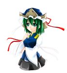  black_skirt frills green_eyes green_hair hat long_sleeves mob_cap pleated_skirt shiki_eiki short_hair simple_background skirt solo touhou vest white_background yuuki_(ashitahare) 