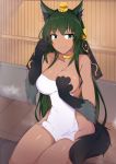  1girl absurdres animal_ear_fluff animal_ears anubis_(monster_girl_encyclopedia) breasts cleavage collarbone commission covering covering_breasts dark_skin eyebrows_visible_through_hair fur green_eyes highres jackal_ears jackal_tail jewelry long_hair looking_at_viewer medium_breasts monster_girl monster_girl_encyclopedia myumi onsen paws sitting smile solo tail towel very_long_hair 