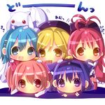  :3 akemi_homura animal_ears biting blonde_hair blue_eyes blue_hair blush bow cat_ears chibi chocolat_(momoiro_piano) commentary ear_biting hair_bow hair_ornament hairband hairclip hat highres jewelry kaname_madoka kyubey long_hair looking_at_another looking_at_viewer looking_down magical_girl mahou_shoujo_madoka_magica miki_sayaka monster multiple_girls on_head open_mouth pink_eyes pink_hair pointy_ears ponytail purple_eyes purple_hair red_eyes red_hair ring sakura_kyouko short_twintails simple_background standing tareme tomoe_mami translated twintails upper_body white_background yellow_eyes 