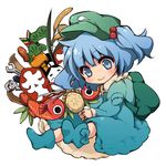  backpack bag blue_dress blue_eyes blue_hair boots cattail dress fish fujino_ichi hair_bobbles hair_ornament hammer hat kawashiro_nitori no_nose plant screwdriver short_hair short_twintails sitting smile solo tools touhou twintails two_side_up wrench 