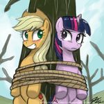  blush bound cutie_mark duo equine female feral friendship_is_magic green_eyes horn horse john_joseco mammal my_little_pony oops outside pony rope tied tree twilight_sparkle_(mlp) unicorn wood 
