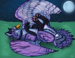  avian collar female feral gryphon isil legs_up lying moon night on_back outside purple purple_body pussy solo wings 