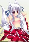  absurdres animal_ears breasts copyright_request fox_ears fox_tail highres hinamatsuri_touko japanese_clothes medium_breasts miko nipples no_bra red_eyes tail undressing white_hair 