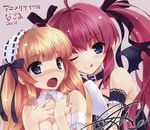  2girls :q ;q absurdres angel_and_devil angel_wings armband bat_wings blonde_hair blue_eyes blush breasts cleavage collar criss-cross_halter detached_collar hair_ribbon hairband halter_top halterneck hands_on_own_chest highres kuroya_shinobu lolita_hairband misaki_kurehito multiple_girls nail_polish one_eye_closed open_mouth original pink_hair ribbon signature small_breasts tongue tongue_out twintails wings 