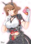  1girl 2019 artist_name black_skirt blue breasts brown_hair chains chocolate cleavage closed_mouth collar dated eyebrows_visible_through_hair finger_to_mouth flipped_hair gift gloves green_eyes headgear heart highres kantai_collection large_breasts looking_at_viewer metal_belt metal_collar midriff mutsu_(kantai_collection) pleated_skirt remodel_(kantai_collection) short_hair simple_background skirt smile solo upper_body uratomomin valentine white_background white_gloves 