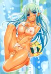  absurdres barefoot bikini blue_eyes blush bow breasts cleavage fingering front-tie_top green_hair hair_bow highres kiya_shii kneeling large_breasts long_hair lotion masturbation nipples oil original side-tie_bikini solo string_bikini sunscreen swimsuit tan tanline towel wet 