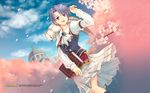  animal animal_on_shoulder artist_request bird bird_on_shoulder book cherry_blossoms company_name copyright_name cravat dress eiyuu_densetsu highres klose_rinz official_art purple_eyes purple_hair short_hair sky smile solo sora_no_kiseki white_dress wind 