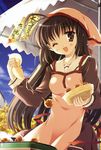  ;d absurdres apron brown_eyes brown_hair copyright_request fang food head_scarf highres mayonnaise odawara_hakone one_eye_closed open_mouth school_uniform smile solo squeeze_bottle takoyaki tent 