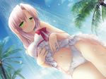  bare_shoulders bow breasts cafe_sourire dress dutch_angle frilled_dress frills from_below green_eyes hair_bow highres medium_breasts mizushima_kasumi natsume_eri palm_tree panties showering sleeveless sleeveless_dress smile solo tree underwear wallpaper wet white_panties 
