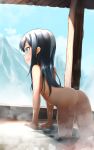  1girl :d arched_back arm_support asashio_(kantai_collection) ass bangs black_hair blue_eyes blue_sky blush cloud comah commentary_request day hair_between_eyes highres kantai_collection leaning_forward long_hair looking_away mountain nude onsen open_mouth outdoors profile sky smile solo very_long_hair water wet wet_hair 