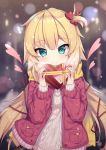  1girl akai_haato aran_sweater bangs blonde_hair blurry blurry_background blush box breath brown_sweater closed_mouth commentary_request dated depth_of_field eyebrows_visible_through_hair fingernails gift gift_box green_eyes hair_between_eyes hair_ornament hair_ribbon hands_up heart heart-shaped_box heart_hair_ornament highres holding holding_gift hololive jacket long_hair long_sleeves neps-l one_side_up open_clothes open_jacket puffy_long_sleeves puffy_sleeves red_jacket red_ribbon ribbed_sweater ribbon signature smile solo sweater upper_body valentine very_long_hair virtual_youtuber 