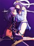  ao_no_kiseki boots closed_eyes detached_collar dual_persona eiyuu_densetsu full_body hairband half_updo hand_on_another's_face kanmuri_(hanyifan30338) kneeling multiple_girls ponytail purple purple_background purple_hair purple_legwear ribbon rixia_mao sword thigh_boots thighhighs weapon 