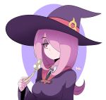  1girl bigdead93 hair_over_one_eye hat little_witch_academia long_hair looking_at_viewer mushroom one_eye_covered purple_eyes purple_hair sucy_manbavaran witch witch_hat 