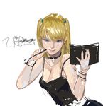  amane_misa amatiz bangs bare_shoulders blonde_hair blue_eyes breasts camisole cleavage death_note death_note_(object) long_hair medium_breasts notebook pen side_ponytail sketch smile solo two_side_up 