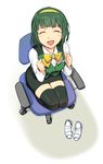  :d amado_(shin) bad_id bad_pixiv_id black_legwear chair clenched_hands closed_eyes from_above full_body green_hair hairband idolmaster idolmaster_(classic) mole mole_under_mouth office_chair office_lady open_mouth otonashi_kotori pencil_skirt seiza shoes_removed short_hair sitting skirt smile solo thighhighs yellow_hairband zettai_ryouiki 